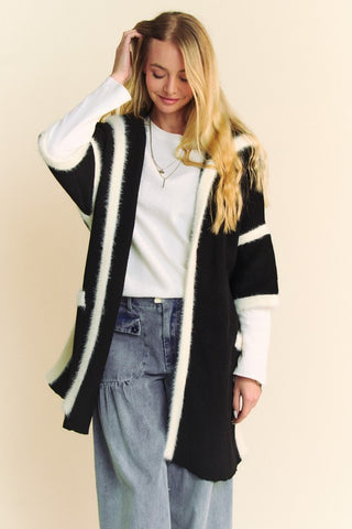 Hot Girl X Davi & Dani Fuzzy Trim Open Front Loose Fit Cardigan In Black