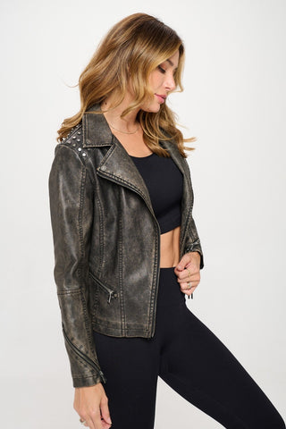 Hot Girl X Coalition LA Studded Classic Moto Faux Leather Jacket In Acid Wash Black