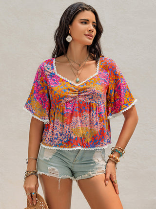 Hot Girl Ruched Printed Half Lace Trim Short Sleeve Blouse