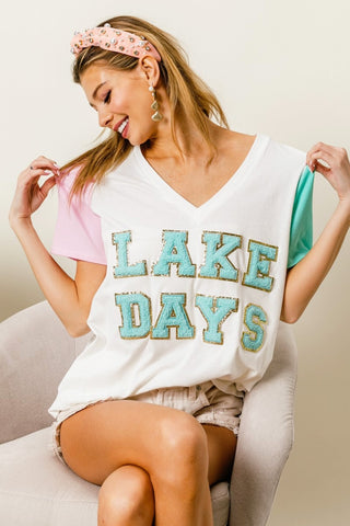 Hot Girl Lake Days Letter Patch V-Neck Color Block Graphic Short Sleeve Tee