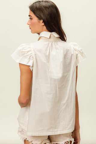 Hot Girl Buttoned Collared Neck Short Sleeve Linen Blouse In Ivory - Hot Girl Apparel