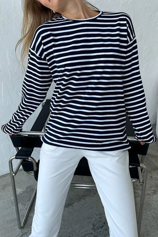 Hot Girl Striped Crewneck Cotton Long Sleeve Tee