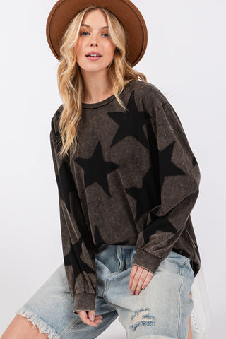 Hot Girl SAGE + FIG Mineral Wash Star Pattern Long Sleeve T-Shirt