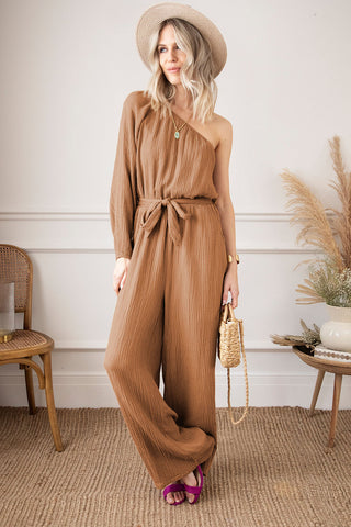 Hot Girl Textured One Shoulder Tie-Waist  Linen Jumpsuit In Honey - Hot Girl Apparel