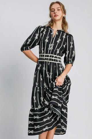 Hot Girl X Umgee Bow Print Notched Velvet Trim Midi Dress