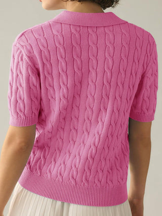 Hot Girl Cable Knit Collared Neck Half Sleeve Sweater