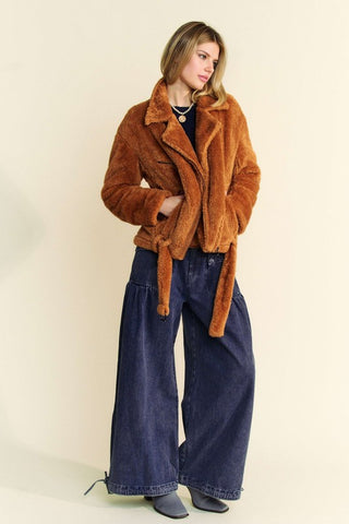 Hot Girl X Davi & Dani Fuzzy Zip Up Collared Neck Jacket In Camel