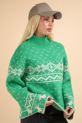 Hot Girl VERY J Christmas Fair Isle Mock Neck Sweater In Green