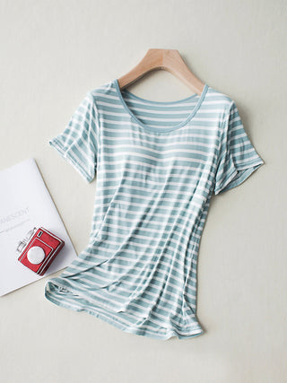 Hot Girl Striped Round Neck T-Shirt With Built In Bra Short Sleeve Tee