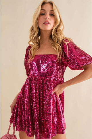 Hot Girl Sequin Square Neck Balloon Sleeve Romper In Hot Pink