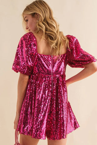 Hot Girl Sequin Square Neck Balloon Sleeve Romper In Hot Pink