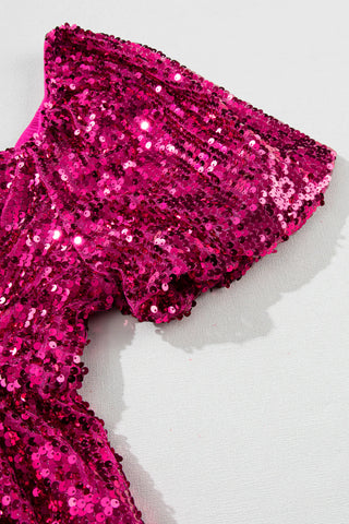 Hot Girl Sequin Square Neck Balloon Sleeve Romper In Hot Pink