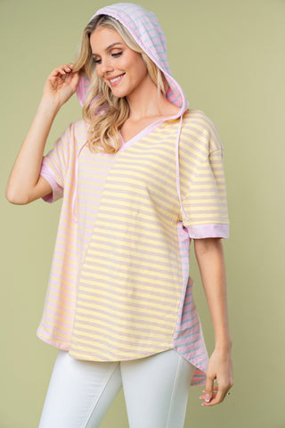 Hot Girl Alyce Striped Short Sleeve Drawstring Hooded Top - Hot Girl Apparel