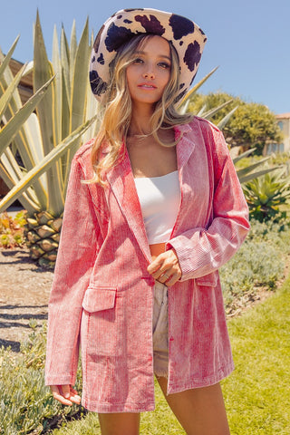 Hot Girl Think Pink Ribbed Button Up Long Sleeve Blazer - Hot Girl Apparel