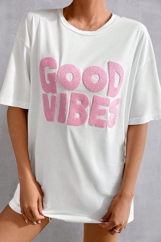 Hot Girl GOOD VIBES Fuzzy Letter T-Shirt - Hot Girl Apparel