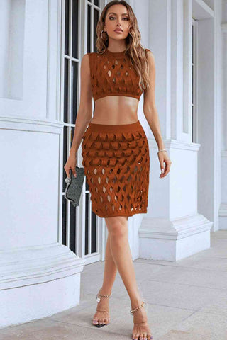 Hot Girl Openwork Cropped Top and Skirt Set - Hot Girl Apparel