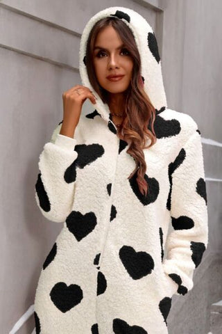 Hot Girl Fuzzy Heart Zip Up Hooded Lounge Jumpsuit - Hot Girl Apparel