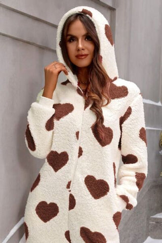 Hot Girl Fuzzy Heart Zip Up Hooded Lounge Jumpsuit - Hot Girl Apparel