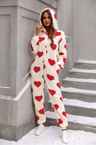 Hot Girl Fuzzy Heart Zip Up Hooded Lounge Jumpsuit - Hot Girl Apparel