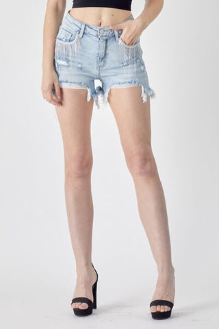 Hot Girl Frayed Hem Rhinestone Detail Denim Shorts - Hot Girl Apparel