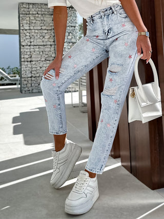 Hot Girl Distressed Star Straight Leg Jeans - Hot Girl Apparel