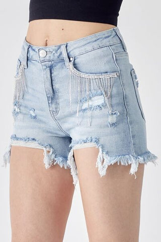 Hot Girl Frayed Hem Rhinestone Detail Denim Shorts - Hot Girl Apparel