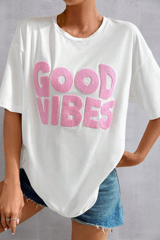 Hot Girl GOOD VIBES Fuzzy Letter T-Shirt - Hot Girl Apparel