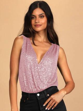 Sequin Surplice Sleeveless Bodysuit - Hot Girl Apparel