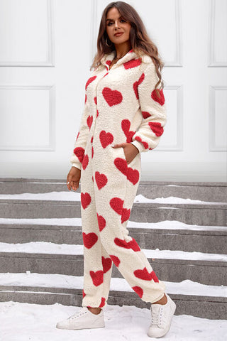 Hot Girl Fuzzy Heart Zip Up Hooded Lounge Jumpsuit - Hot Girl Apparel