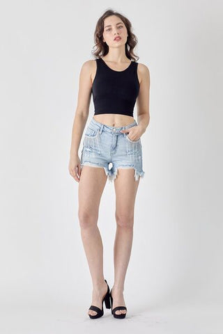 Hot Girl Frayed Hem Rhinestone Detail Denim Shorts - Hot Girl Apparel